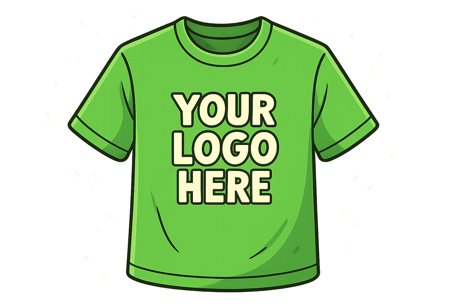 Green cartoon-style t-shirt mockup with "YOUR LOGO HERE" text